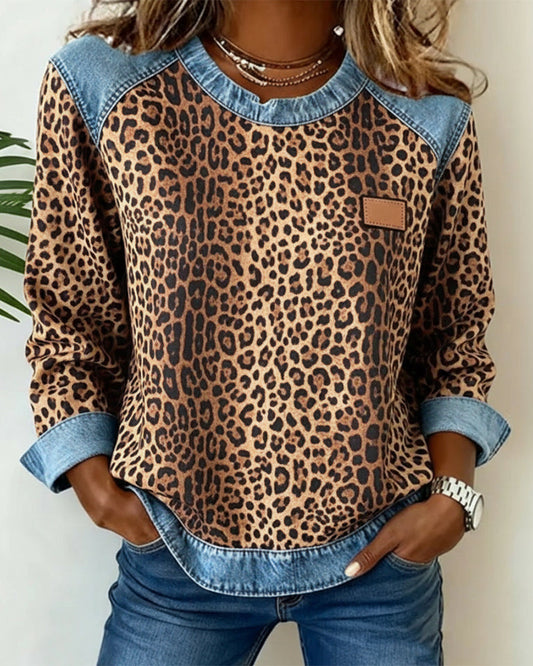 Marina | Leopard Print Sweater with Denim Contrast