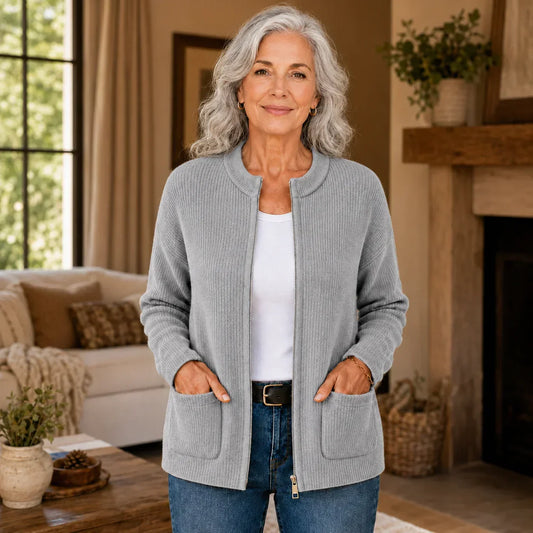 Miranda | Crew-Neck Ribbed Zip Through Cardigan