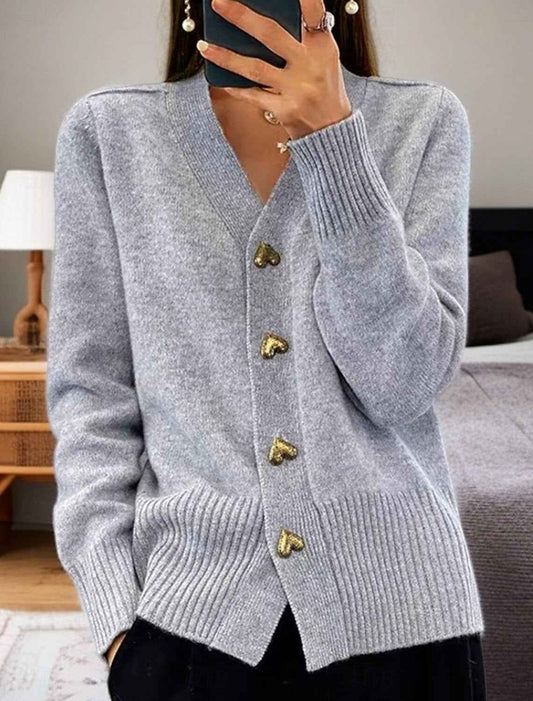 Natalia | Soft Knit Cardigan with V-Neckline and Gold Heart Buttons