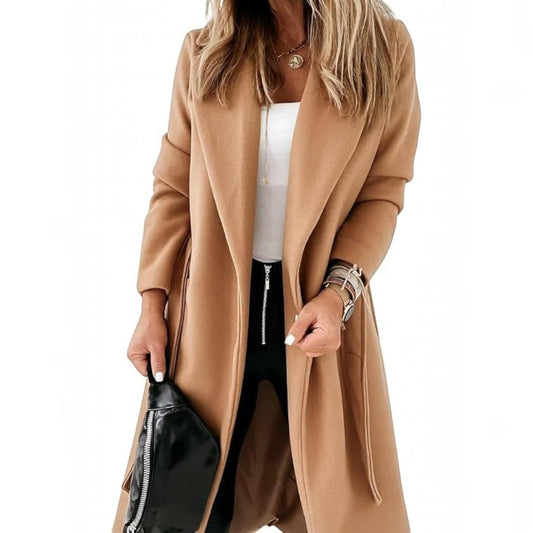Whitney | Open-Front Belted Long Coat with Lapel Collar